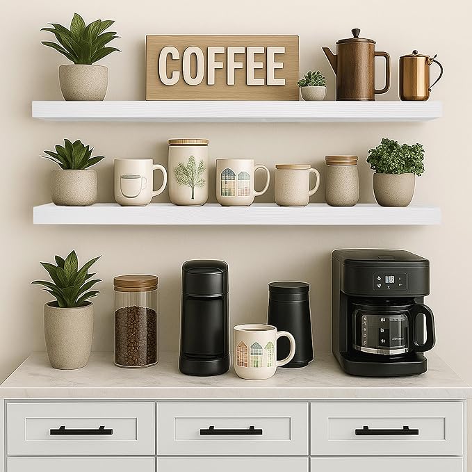 Rusitc Floating Shelves 48 inch Long 8 "deep Set of 2, Heavy Duty Wood Wall Mounted Shelves for Bathroom Living Room Kitchen,Book Shelves with Thickened Hidden Bracket-White