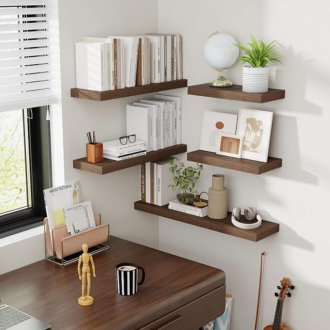 24 Inch Floating Shelves, 8 Inch Deep Floating Shelves for Wall, Hanging Shelf with Invisible Brackets, Deep Shelves for Bathroom, Bedroom, Living Room, Walnut, Set of 2
