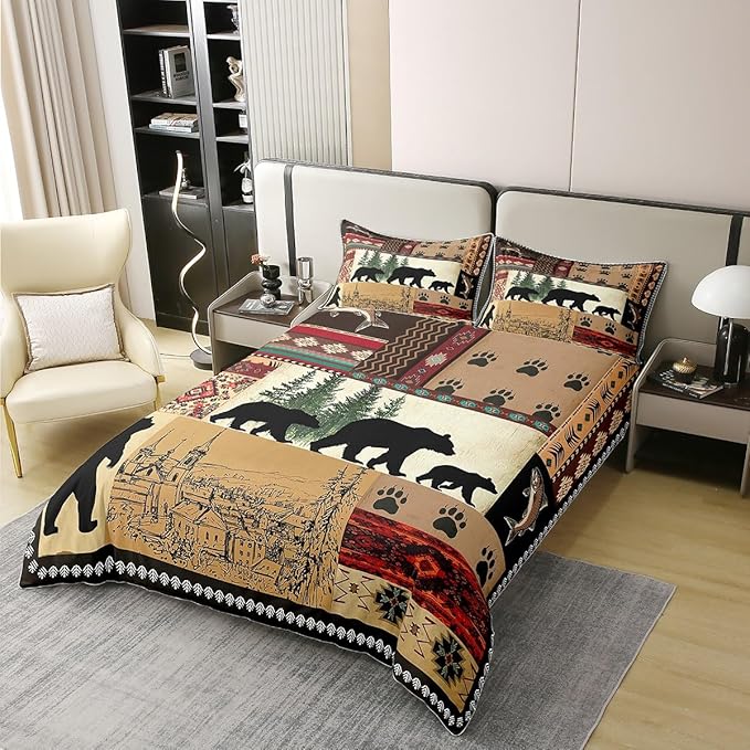 100% Cotton Rustic Bear Duvet Cover Queen, Southwestern Native American Bedding Set, Wild Animal Bear Claw Comforter Cover, Brown Black Bears Silhouette Woodland Farmhouse Camper Quilt Cover