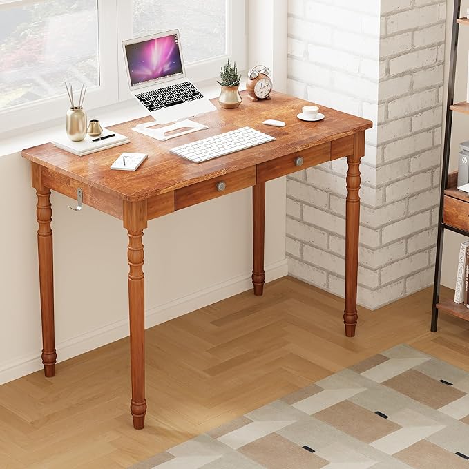 Mid Century Modern Desk, 39" Vintage Solid Wood Desk with 2 Drawers, Boho Writing Desk Computer Table for Home, Office, Bedroom, Living Room