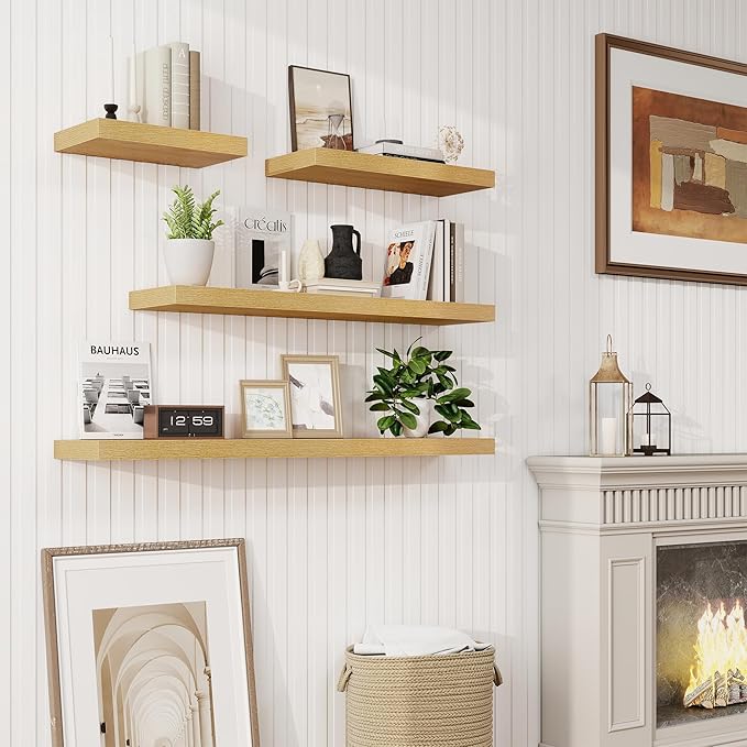 32in Floating Shelves for Wall, 32"W x 9.25"D x 1.25"H, 2 Pack Long Wall Mounted Engineered Wood Shelves with Invisible Brackets for Living Room, Bedroom, Bathroom, Kitchen Decor and Storage, Oak