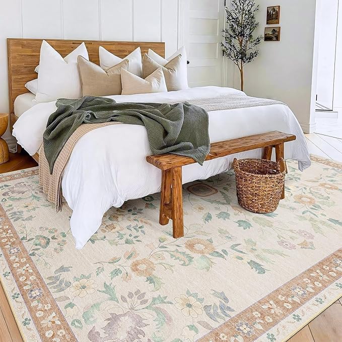 MUJOO 8x10 Area Rugs Washable,Large Floral Rugs for Living Room Bedroom Dining Room,Boho Indoor Floor Rug Non Slip Throw Carpet Low Pile Vintage Beige