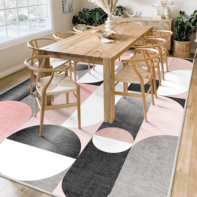 6x9 Area Rugs Pink Washable Rug for Living Room Bedroom,Large Modern Non Slip Carpet for Kitchen Dining Room,Blush Grey Black