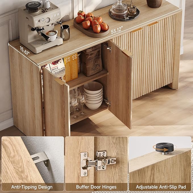ONBRILL Fluted Sideboard Buffet Cabinet with Storage, Wooden Modern Fluted Sideboard with 4 Doors and 5 Adjustable Shelves, Coffee Bar Table for Dining Room, Hallway, Kitchen (Natural Oak)