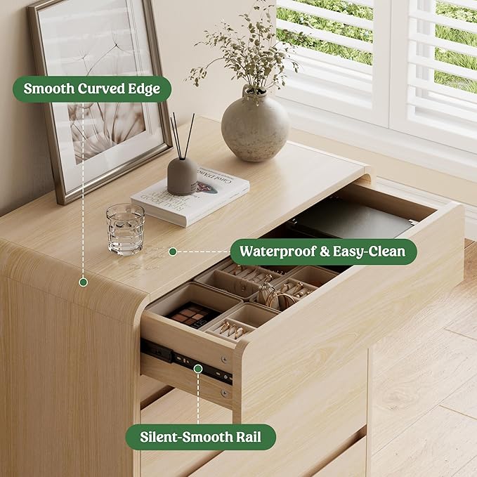 Lulive Wood Dresser for Bedroom, 41” Tall Chest of Drawers with 5 Drawers, Modern Closet Storage Drawer with Curved Profile Design for Living Room, Hallway, Entryway, Natural