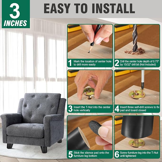 FoDau770 Black Rubber Wood Furniture Legs 3 Inches, Slant Tapered Wood Feet Mid Century Sofa Legs Set of 4, 5/16" UNC Furniture Feet Replacement Parts for Cabinet Couch Dresser Chair Ottoman Table