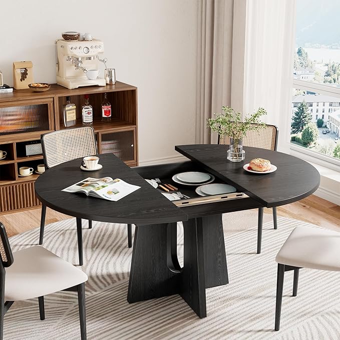 59-Inch Extendable Dining Table for 4-6 People, Modern Kitchen Oval Dinner Table with Storage Shelf and Cross Pedestal for Dining Room, Living Room, Black