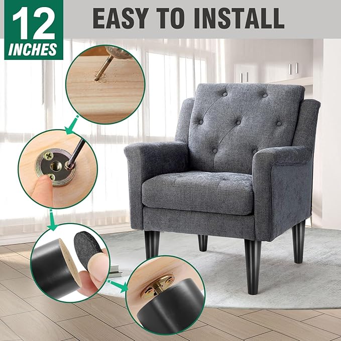 FoDau770 Black Rubber Wood Furniture Legs 12 Inches, Straight Tapered Wood Feet Mid Century Sofa Legs Set of 4, 5/16" UNC Furniture Feet for Cabinet Couch Dresser Chair Ottoman Table