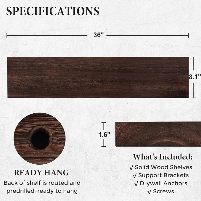 Axeman Floating Shelves, 8 Inch Deep Rustic Solid Wood Wall Shelves for Storage, Wall Mounted Display Shelving with Invisible Heavy-Duty Metal Bracket, 36" W x 8" D x 1.6" H, Rustic Brown