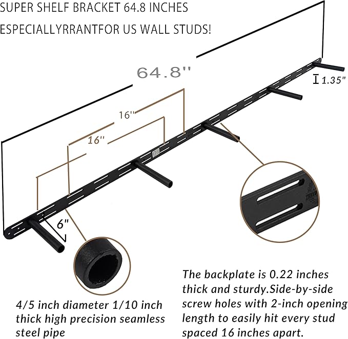 Rustic Floating Shelves 72 inch Long 8 "deep Set of 2, Heavy Duty Wood Wall Mounted Shelves for Bathroom Living Room Kitchen,Book Shelves with Thickened Hidden Bracket- Black