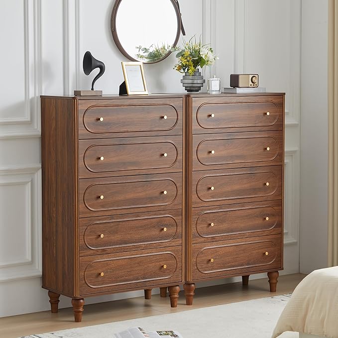 ORRD Fluted 5 Drawer Dresser for Bedroom Set of 2, Modern Mid Century Chest of Drawers, Wood Storage Large Dresser Organizer for Bedroom Living Room Closet Hallway, Walnut