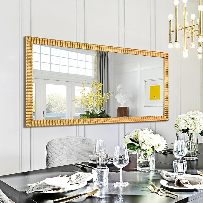 Chende 22" x 46" Decorative Wall Mirror for Dining Room Decor, Large Gold Mirror with 3D Wave Wood Carved Frame, Unique Rectangle Wall Decor, Hang Horizontally/Vertically