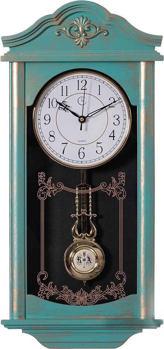 Clockswise Large Vintage Grandfather Wood- Looking Plastic Pendulum Wall Clock for Living Room, Kitchen, or Dining Room, (Large, Blue)
