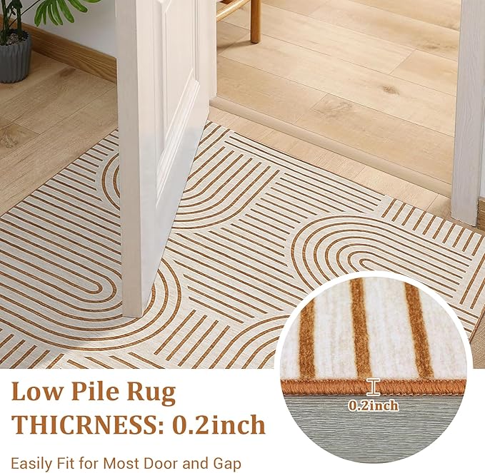 Washable Rug 8x10 Area Rugs for Living Room, Abstract Rug for Bedroom, Soft Rainbow Non Slip Throw Rugs with Rubber, Low Pile Stain Resistant Boho Geometric Carpet for Dining Room, Orange