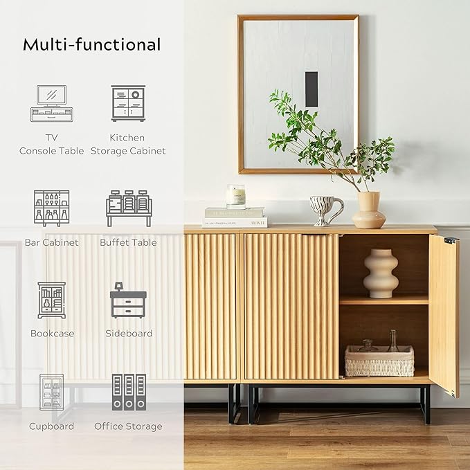 Fluted Storage Cabinets Set of 2, Sideboard Buffet Cabinet Modern Accent Cabinets with Adjustable Shelves, Credenza, Console Table Entryway Cabinet for Living Room, Natural Oak