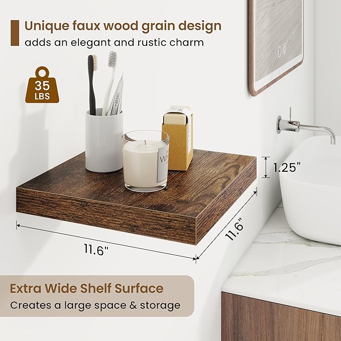 Square Floating Shelves for Wall, 11.5"W x 11.5"D x 1.25"H, 3 Pack Small Wall Mounted Engineered Wood Shelves with Invisible Brackets for Living Room, Bedroom, Bathroom, Kitchen Decor, Rustic Brown
