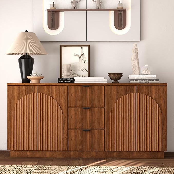 Brafab 67" Mid Century Modern Style Storage Sideboard with 4 Arched Reeded Design Doors and 3 Drawers with Adjustable Shelves, Suitable for Living Rooms, Studies and Dining Rooms (Walnut, 1 PCS)