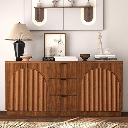 Brafab 67" Mid Century Modern Style Storage Sideboard with 4 Arched Reeded Design Doors and 3 Drawers with Adjustable Shelves, Suitable for Living Rooms, Studies and Dining Rooms (Walnut, 1 PCS)