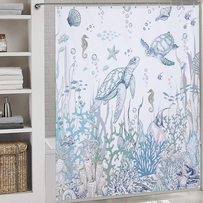 Nautical Coastal Shower Curtain,Summer Blue Sea Turtle Seashell Starfish Underwater Ocean Animal Themed Bathroom Decor Set with Hooks,72x72Inch