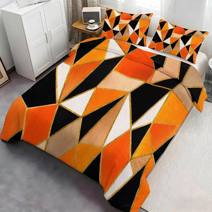 Geometric Marble Duvet Cover Full Size, Abstract Marble Texture Bedding Set 3 Piece, Modern Black Orange Brown Patterned Comforter Cover with Zipper Soft Microfiber, 2 Pillowcases