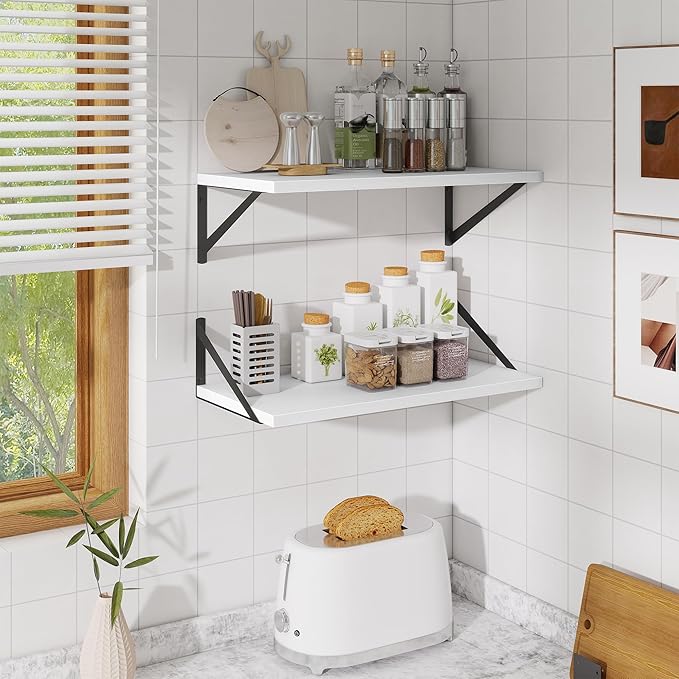 Deep Floating Shelves,24" Wx10 D Floating Shelf for Wall Set of 2,Hanging Storage Shelf with Metal Brackets,Wide Display Wall Shelves for Living Room,Bedroom,Bathroom,Kitchen,White