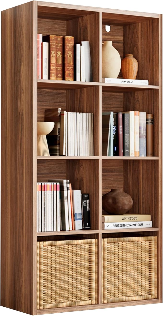 IRONCK Bookshelf, 8-Cube Storage Cube Shelf Organizer, Extra Thick Frame Horizontally & Vertically Reversible Bookcase with Open for Living Room, Bedroom, Home Office, Oak Brown