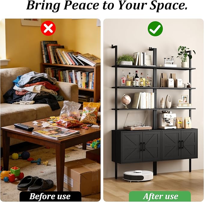 Yusong 73" Tall Bookshelf with Cabinet, Industrial Ladder Wall Mount Shelf Farmhouse Bookcase with Wood and Metal Frame, Plant Shelf Wall Storage Display for Living Room Bedroom, Farmhouse Black