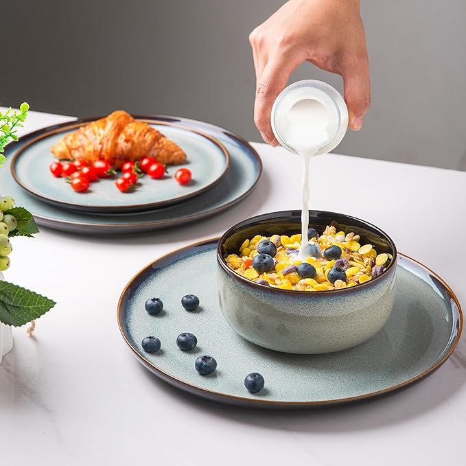 LERATIO Ceramic Dinnerware Sets for 8,Plates and Bowls Sets,Reactive Glaze Dishes Set,Highly Chip and Crack Resistant | Dishwasher & Microwave & Oven Safe Dishes set,Service for 8-Gray White(24pcs)