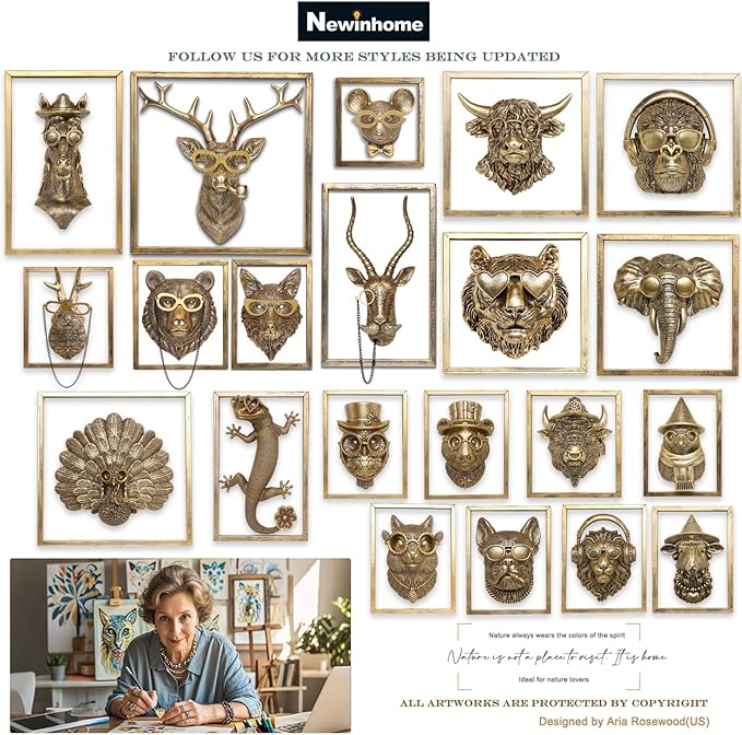 Newinhome Animal Heads Wall Decor (Includes Metal Frame) Resin Animals Sculptures Head Wall Hanging Decoration Gold vintage Wall Sculpture for Living Room Bedroom Office(Lizard)