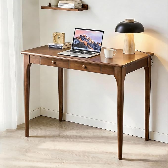 40" Walnut Solid Wood Desk with Drawers,Mid Century Modern Natural Real Wood Writing Desk,Home Bedroom Small Spaces Computer Office Workstation Desks