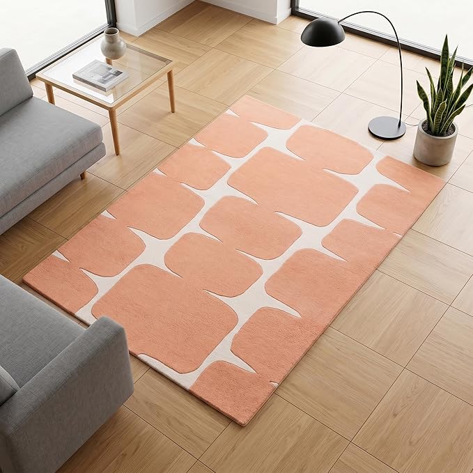 Restoration and Renovation Modern Wool Area Rug - Contemporary Abstract Geometric Design, Thick & Soft Hand-Tufted Carpet - Ideal for Indoor Decor in Living Room, Bedroom (Peach, 8' x 10')