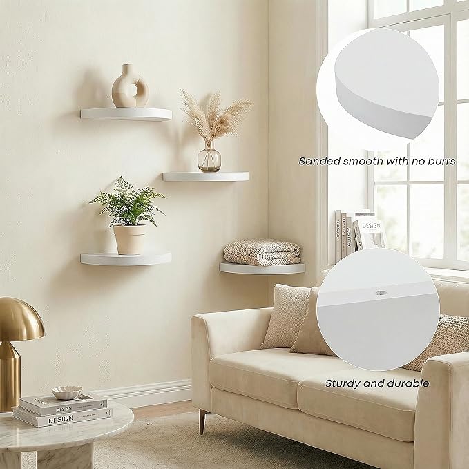 Small Wood Floating Shelves (2-Pack, 8-inch Diameter) - Round Sturdy Invisible Wall Mount Display for Small Plants,Toys,Bathroom,Living Room Storage & Modern Rustic Décor (White)
