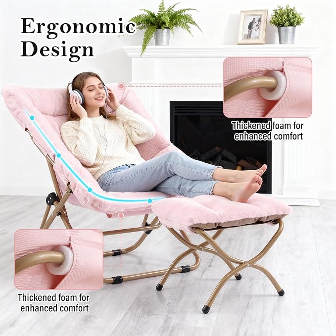Furlide Dorm Chair with Ottoman, X-Large Soft Saucer Chair, Oversized Folding Faux Fur Accent Chair, Foldable Metal Frame Chair for Bedroom, Living Room (Pink)