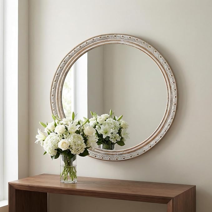 23.62'' Ornate Round Wall Mirror with Distressed Frame & Pre-Installed Hanging, Decorative Mirror with Large Reflective Surface for Bathroom Bedroom Living Room, Ancient White