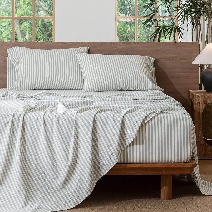 MooMee Striped Sheet Set 100% Washed Cotton Linen Like Textured Breathable Durable Soft Comfy (Sage Green White Classic Stripes, King)