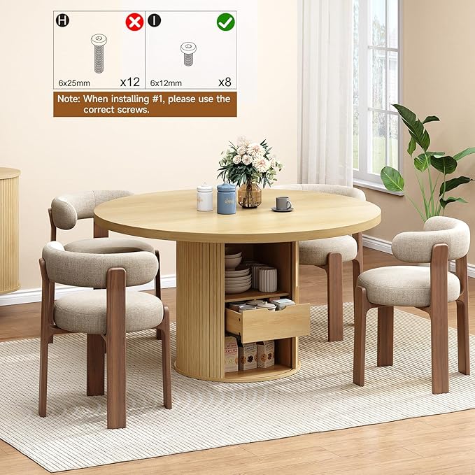 47 inch Round Dining Table for 4, Circle Kitchen Table with 2-Layer Storage Shelf and a Drawer, Modern Farmhouse Dinner Tables with Sliding Door and Wood Strip Base for Kitchen, Living Room (Oak)
