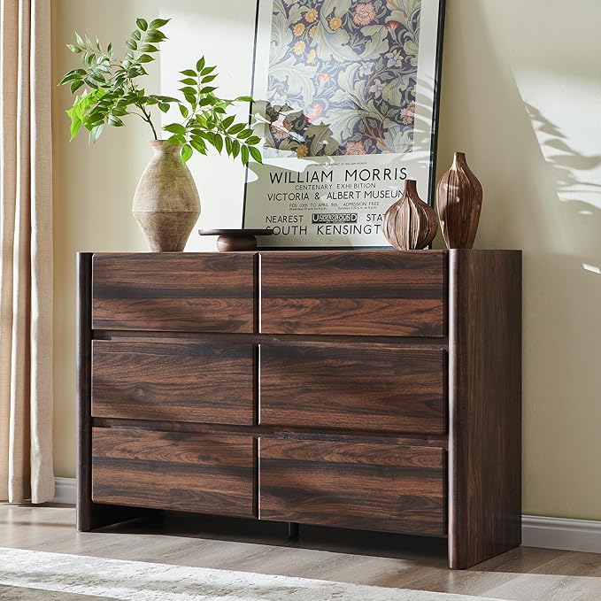 Modern 6 Drawers Dresser for Bedroom, 47" Wide Dresser w/Large Storage & Rounded Corner, Wood Handleless Chests of Drawers w/Natural Texture for Bedroom, Hallway, Living Room-Brown