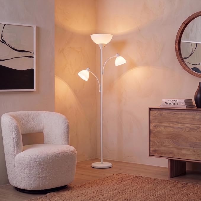 Brightech Sky Dome Double – High Brightness Torchiere Floor Lamp with 2 Reading Lights for Living Rooms, Bedrooms – Replace Halogen Standing Lamps with Efficient LED Office Lighting - Tall White Pole