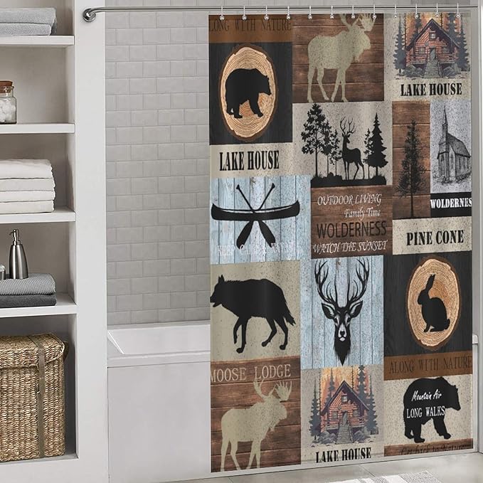 Rustic Cabin Shower Curtain Bear Deer Forest Wildlife Country Lodge Hunting Camping Animal Farmhouse Vintage Waterproof Shower Curtains for Bathroom Decor 12 Pack Hooks 55x72in（140x183cm）
