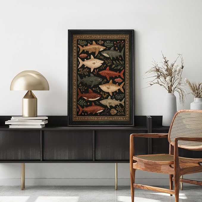 MUDECOR Framed Canvas Print Wall Art Vintage Folk Style Shark Pattern Illustrations Minimalism Decorative Bohemian Colorful Zen for Living Room, Bedroom, Office - 24"x36" NATURAL
