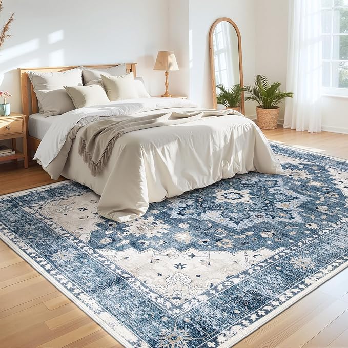 Area Rug 9x12 Vintage Rug: Large Washable Indoor Medallion Rugs Low Pile Distressed Floor Carpet Retro Accent Rug for Living Room Bedroom Kitchen Dining Table Home Office(Blue, 9'x12')