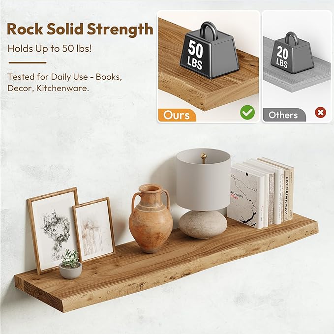 Vivelove Live Edge Floating Shelves for Wall Solid Elm Wood, Rustic Farmhouse Wall Shelf with Invisible Bracket for Living Room Bedroom Bathroom Office Book, 36 Inches - Set of 2 - Natural