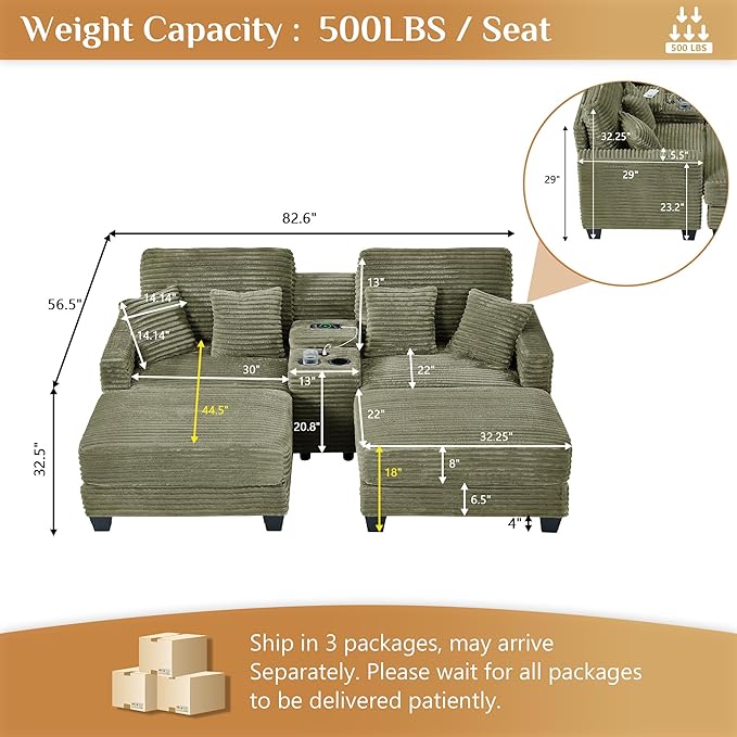 Oversized Chaise Lounge Chair Indoor with Storage & USB, Cup Holder & Ottoman, Firm Solid Wood Frame with Long Service Life Corduroy Oversized Lounge Reading Chair for Large Study Room - Olive Green