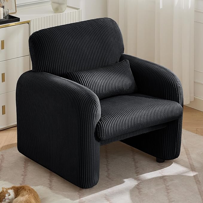 Corduroy Fabric Accent Chair, Modern Upholstered Living Room Chairs with Lumbar Pillow, Wide Comfy Leisure Armchair for Bedroom, Office, Reading, Black