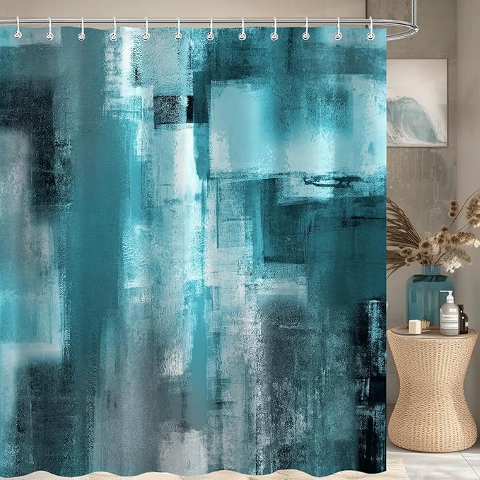 Teal Abstract Oil Shower Curtain, Modern Art Blue Grey Painting Fabric Bathroom Decor Set, Waterproof Polyester Fabric Bath Curtain with Hooks 72x78 Inch