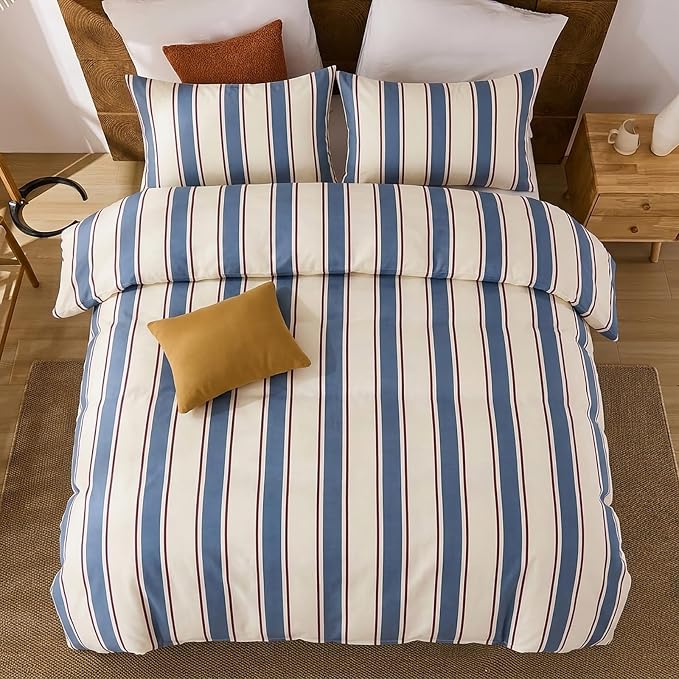Merryword 100% Cotton Duvet Cover Set Queen Size - Blue & White Cabana Striped Bedding Set with Zipper & Corner Ties, 3-Piece Luxury & Silky Soft Bedding Set for All Seasons