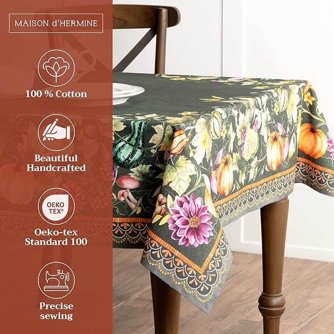 Maison d' Hermine Table Cloth Rectangle Table 100% Cotton 70 x 108 Inches Fall Tablecloth Reusable Everyday Use for Thanksgiving Christmas Decorations Dining Farmhouse (Pumpkin Garden - Dark Green)