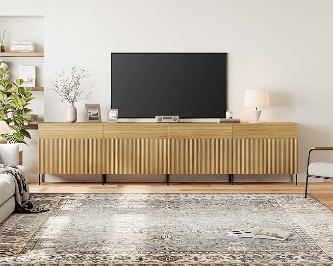 WAMPAT 126" W Large Sideboard Buffet Cabinet with Storage,4 in 1 Fluted Sideboard Buffet with 8 Doors, Wooden Buffet Table, Coffee Bar Wine Bar Cabinet for Kitchen, Dining Room, Living Room, Oak