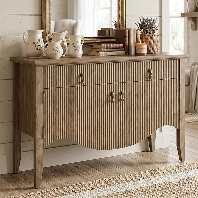 FUSUNBAO 40" Retro Buffet Cabinet with Storage, Fluted Sideboard Credenza with Drawer, Accent Bar Cabinet for Living Room Furniture, Coffee Bar or Entryway, Dining Room, Light Dak
