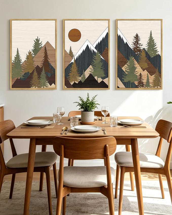 KUVIOKE Morden Mountains Framed Wall Art Boho Pine Tree Forest Nature Landscape Artwork Bohemain Farmhouse Rustic Bedroom Living Room Decor 24x36in (Natural Framed)